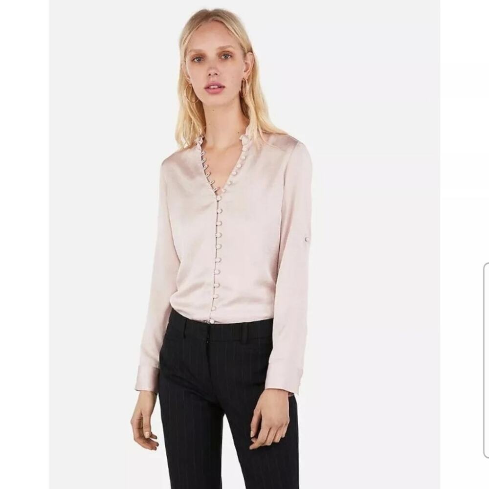 Express Portofino Shirt Womens Small Blush Pink Slim Fit Ruffle Button Down Top